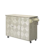 Handwoven Coastal Kitchen Island with Drop Leaf, Solid Wood Cabinet