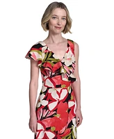Halston Women's Printed Asymmetric Ruffled Midi Dress