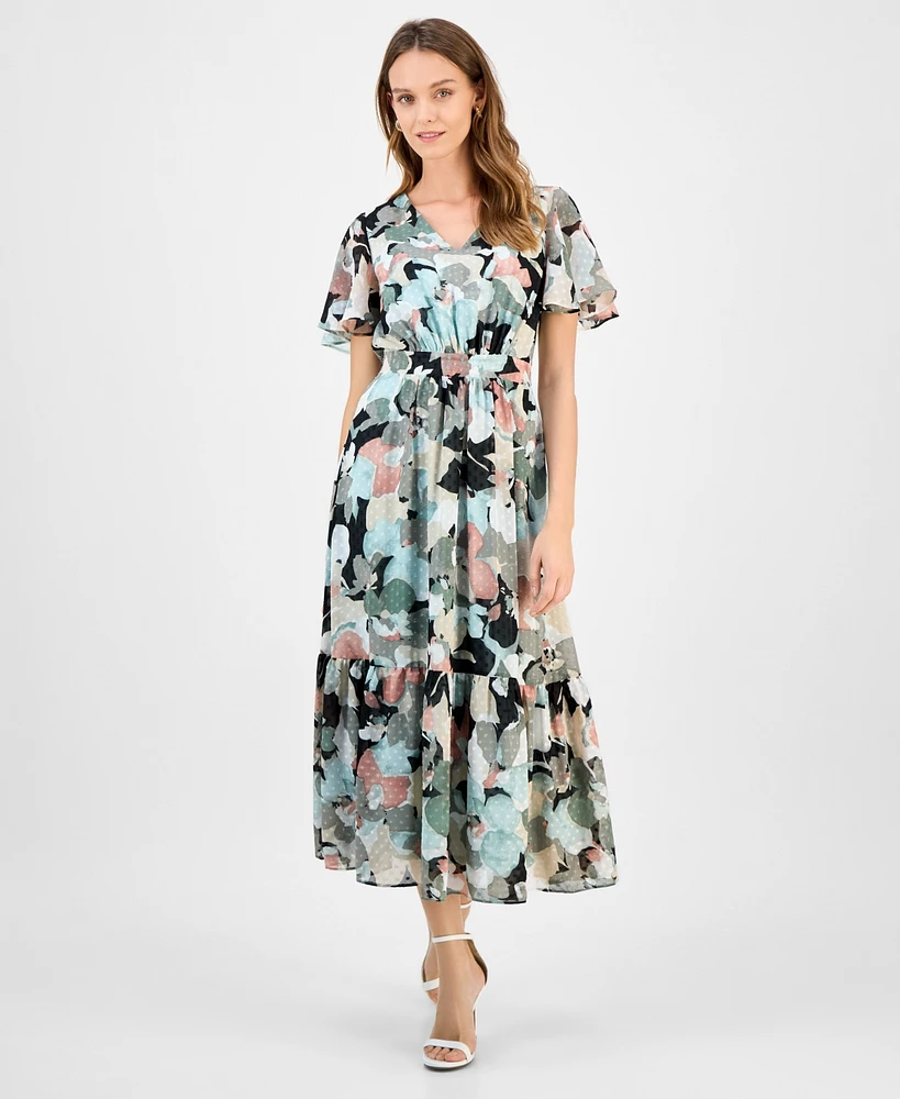 Kasper Women's Printed Swiss Dot Flutter-Sleeve Midi Dress