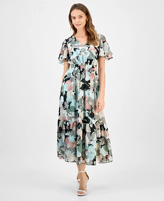 Kasper Women's Printed Swiss Dot Flutter-Sleeve Midi Dress