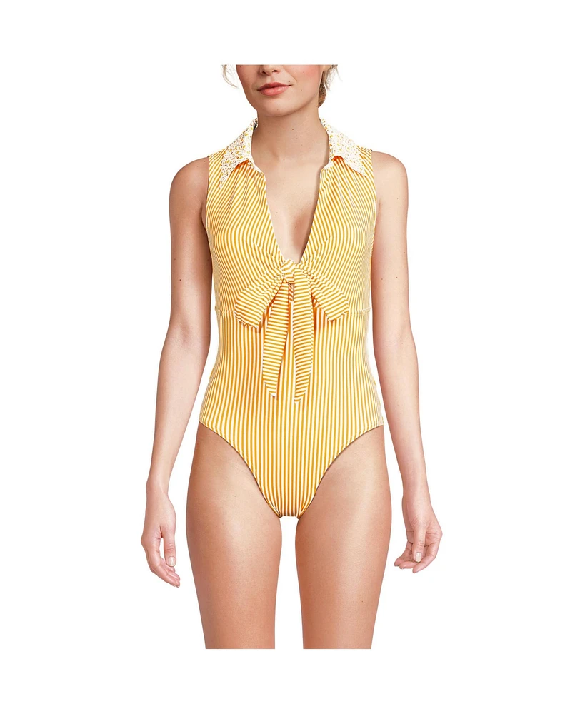 Lands' End Women's Polo High Leg One Piece Swimsuit