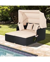 Patio Rattan Daybed Lounge Retractable Top Canopy Side Tables Cushions