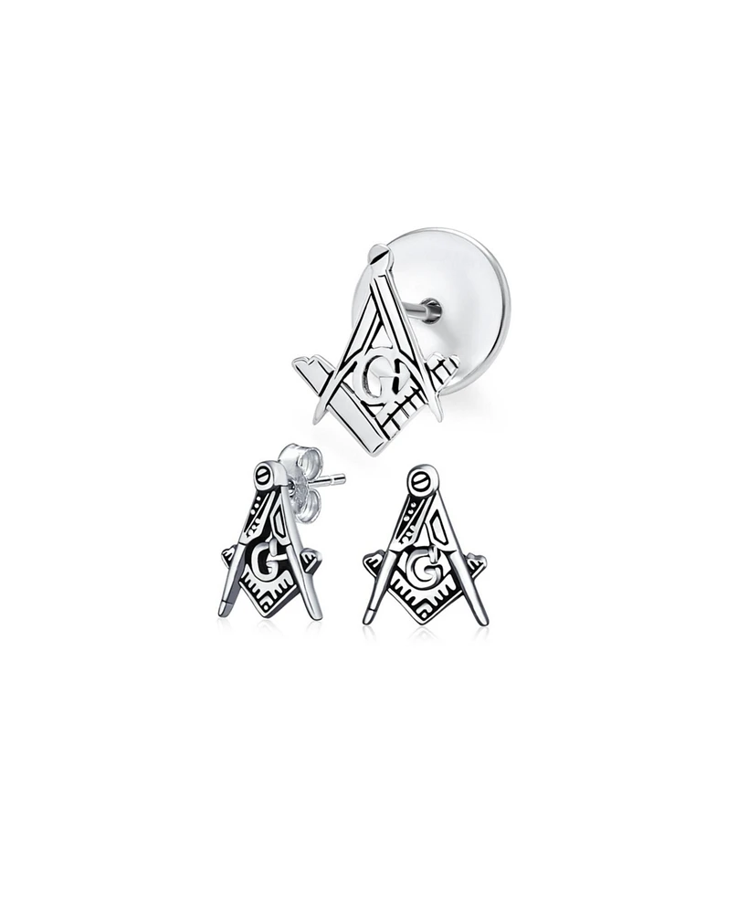 Bling Jewelry Set of 2 Tiny Masonic Freemason Stud Earrings and Brooch Pin Oxidized Silver