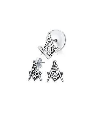 Bling Jewelry Set of 2 Tiny Masonic Freemason Stud Earrings and Brooch Pin Oxidized Silver