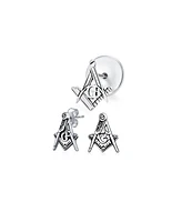 Bling Jewelry Set of 2 Tiny Masonic Freemason Stud Earrings and Brooch Pin Oxidized Silver