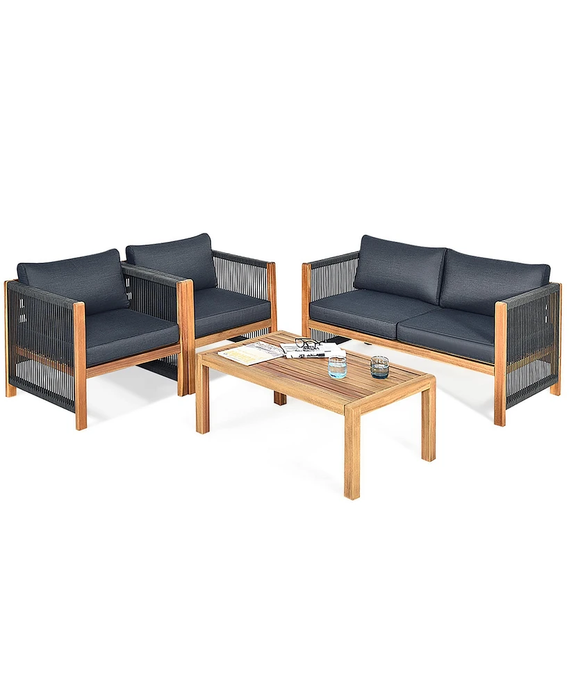 4 Pcs Acacia Wood Patio Conversation Set w/Cushions for Garden