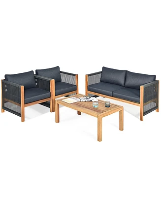 4 Pcs Acacia Wood Patio Conversation Set w/Cushions for Garden