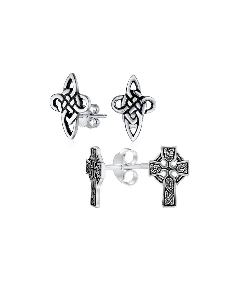 Bling Jewelry Set of 2 Religious Celtic Cross Stud Earrings Irish Love Knot Oxidized Silver