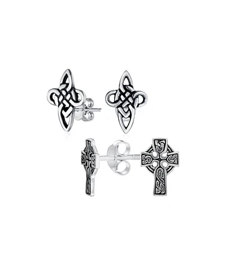 Bling Jewelry Set of 2 Religious Celtic Cross Stud Earrings Irish Love Knot Oxidized Silver