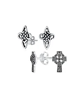 Bling Jewelry Set of 2 Religious Celtic Cross Stud Earrings Irish Love Knot Oxidized Silver