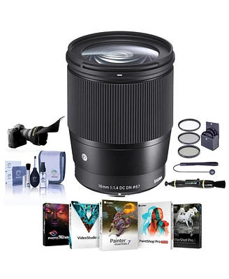 Sigma 16mm f/1.4 Dc Dn Contemporary Lens for Canon Ef-m, Black, Bundle with ProOptic 67mm Filter Kit, Flex Lens Shade, Cleaning Kit, Cap Tether, Lens