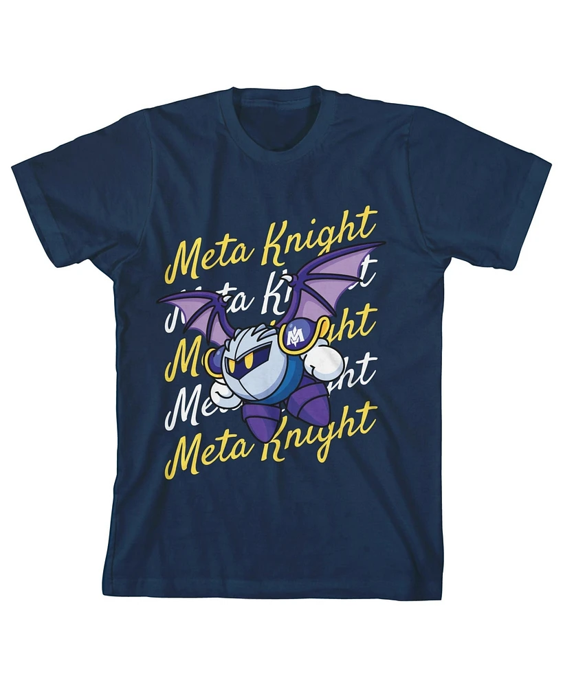 Kirby Boys Meta Knight Flying With Repeat Text Navy Blue T-shirt-xl