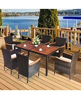 7PCS Patio Rattan Dining Set 6 Stackable Chairs Cushioned