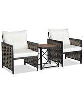 Gymax Outdoor 3 Pieces Patio Rattan Chair & Coffee Table Set Furniture Set Backyard Poolside