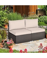 Gymax 2PCS Patio Sectional Armless Sofas Outdoor Rattan Furniture Set w/ Cushions