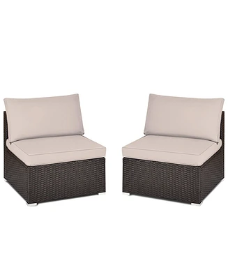 Gymax 2PCS Patio Sectional Armless Sofas Outdoor Rattan Furniture Set w/ Cushions