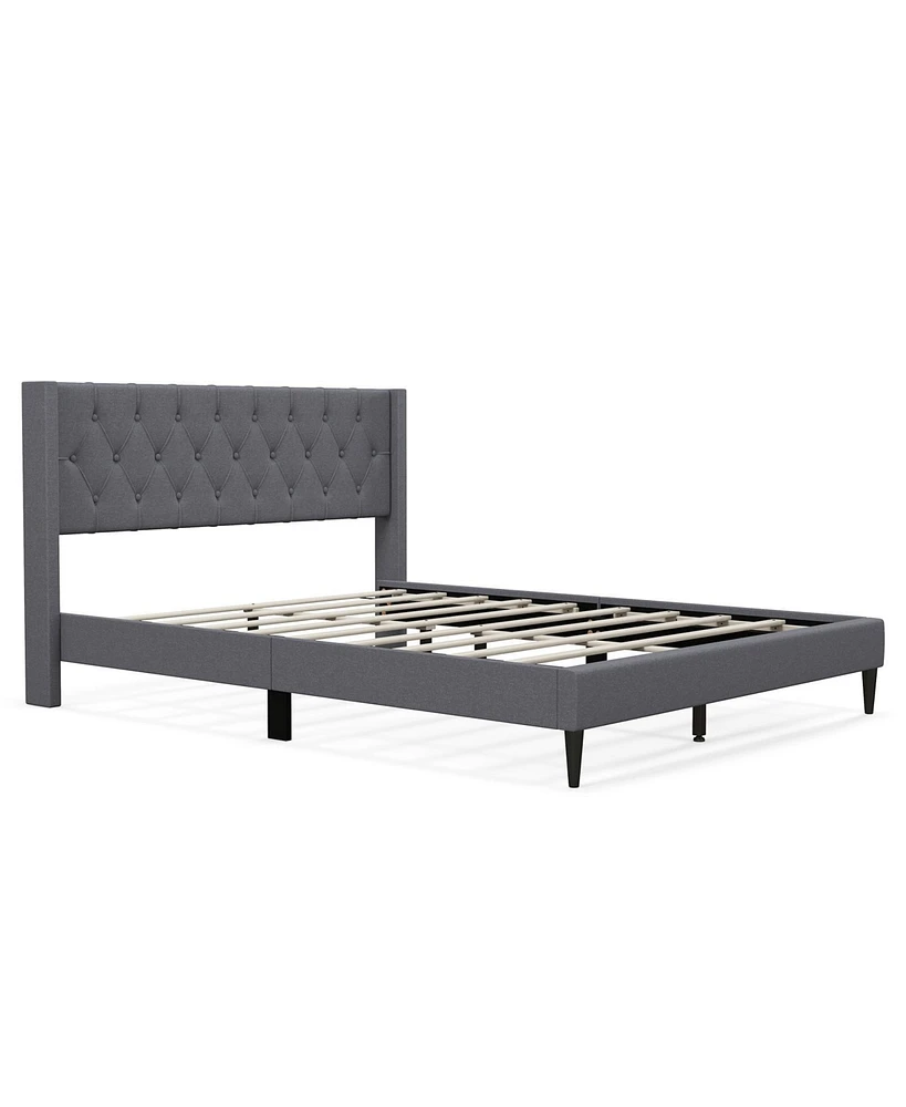 Queen Size Upholstered Platform Bed with Button Tufted Wingback Headboard-Gray