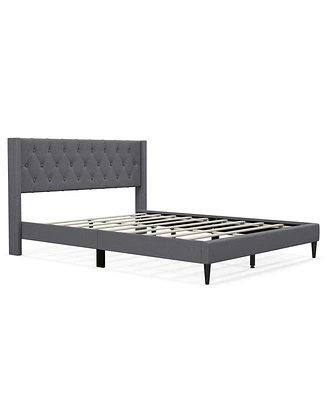 Queen Size Upholstered Platform Bed with Button Tufted Wingback Headboard-Gray