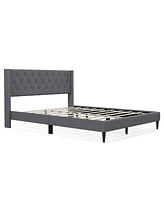 Queen Size Upholstered Platform Bed with Button Tufted Wingback Headboard-Gray