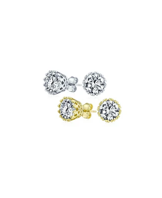 Bling Jewelry Set of 2 Crown Basket Clear Cz Stud Earrings Gold Plated Sterling Silver 6MM