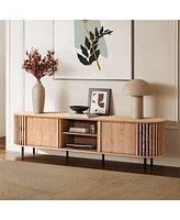 LuxenHome Light Oak Finish Engineered Wood 2-Door and Open Storage 71-Inch Wide Tv Console