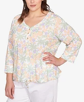 Hearts Of Palm Plus Three Quarter Sleeve Drawstring Top