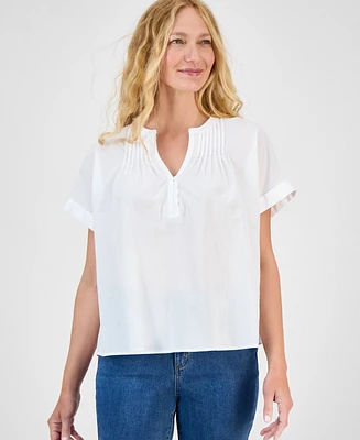 Style Co Women's Cotton Pintucked Camp Top, Exclusively at Macy's
