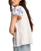 Lucky Brand Women's Cotton Floral Short-Sleeve Peasant Top