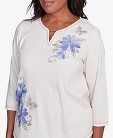 Alfred Dunner Petite Santa Fe Asymmetric Butterfly Floral Embroidered Top