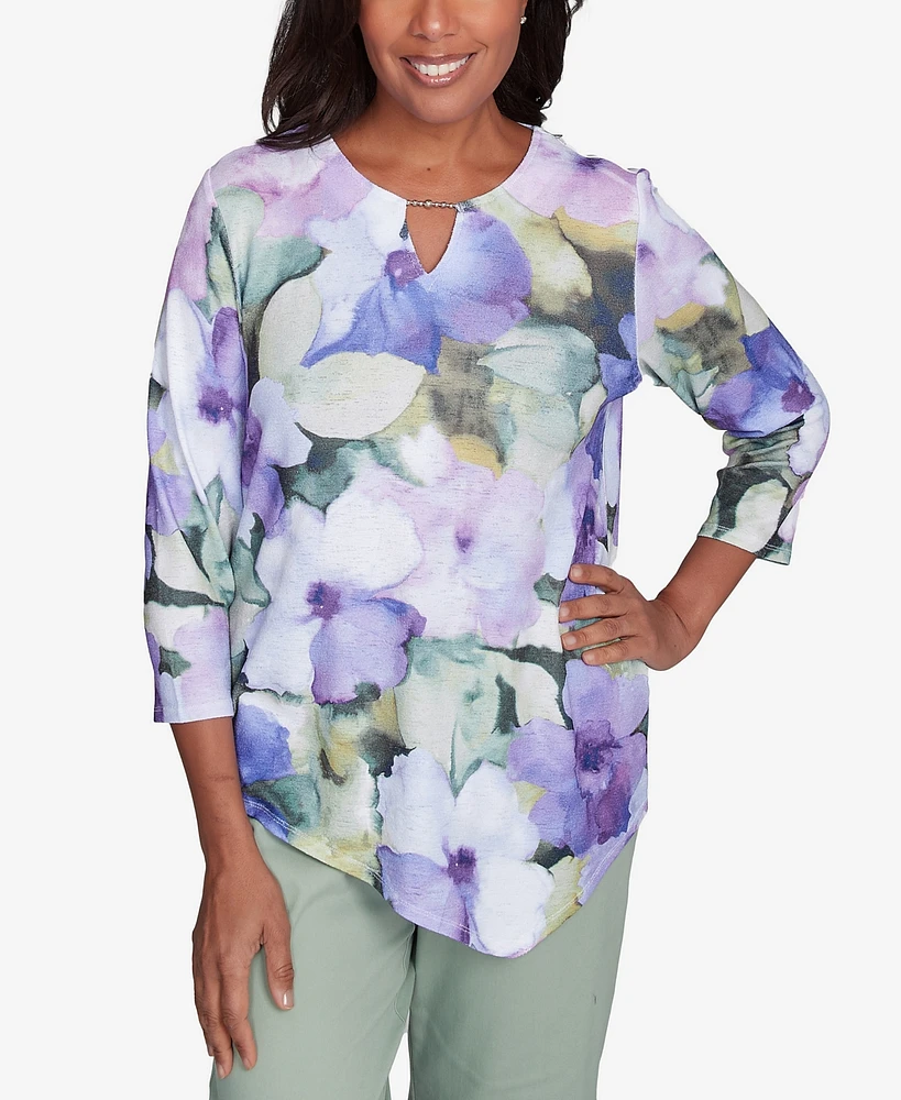 Alfred Dunner Petite Santa Fe Dramatic Pansies Print Top