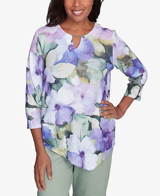 Alfred Dunner Petite Santa Fe Dramatic Pansies Print Top