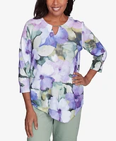 Alfred Dunner Petite Santa Fe Dramatic Pansies Print Top