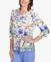 Alfred Dunner Petite Santa Fe Tropical Floral Border Top