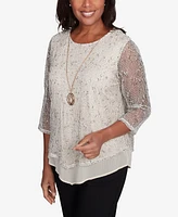 Alfred Dunner Petite Natural Instinct Popcorn Mesh Speckled Top With Necklace