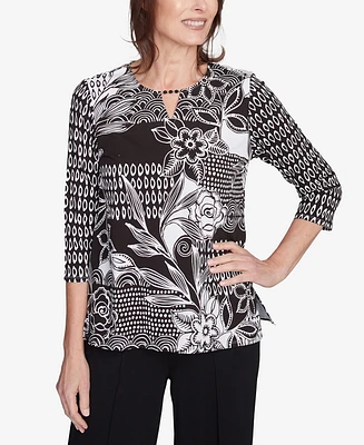 Alfred Dunner Petite Natural Instinct Monotone Patch Beaded Split Neck Top