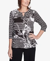 Alfred Dunner Petite Natural Instinct Monotone Patch Beaded Split Neck Top