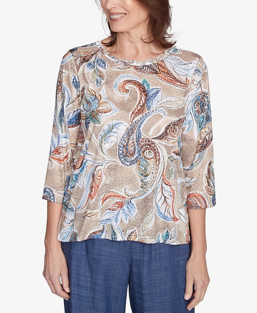 Alfred Dunner Petite Summer Solstice Twisted Crew Neck Paisley Top