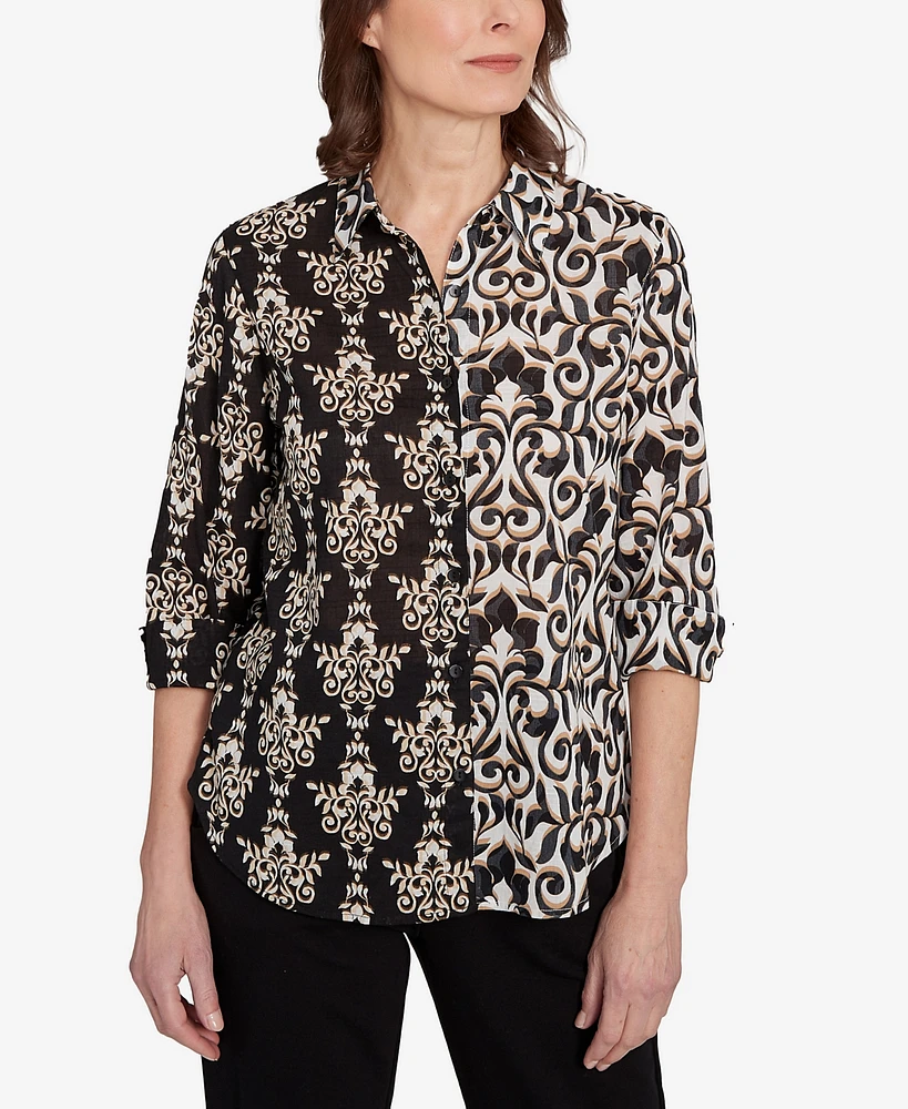 Alfred Dunner Petite Natural Instinct Medallion Twin Print Button Front Top