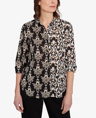 Alfred Dunner Petite Natural Instinct Medallion Twin Print Button Front Top
