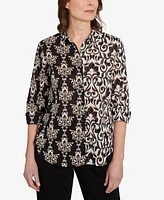 Alfred Dunner Petite Natural Instinct Medallion Twin Print Button Front Top