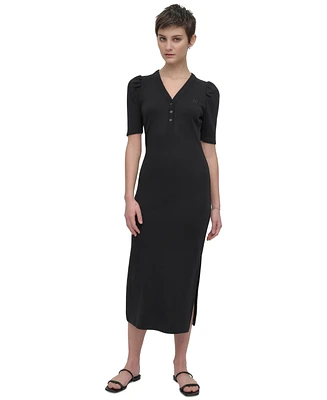 Dkny Jeans Women's Puff-Sleeve Henley Midi Dress