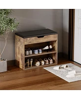 shoe Bench with shelves, natural wooden rack 3 storage compartments, Entryway