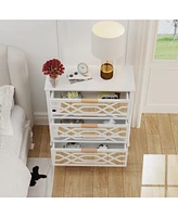 3-drawer mirrored nightstand, white wooden bedside table, end table with gold handles, suitable for bedroom, living room, and office use