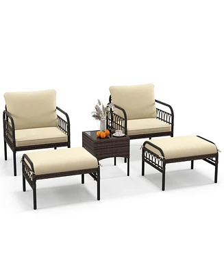 5 Pcs Patio Conversation Set Outdoor Wicker Chair Set with Ottomans & Coffee Table