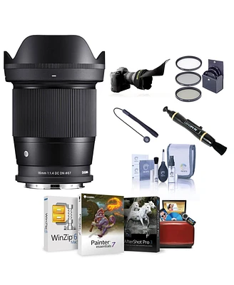Sigma 16mm f/1.4 Dc Dn Contemporary Lens for L Mount, Bundle with ProOptic 67mm Filter Kit, Cleaning Kit, Lens Cap Tether, Flex Lens Shade, Mac Softwa