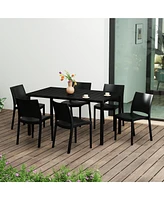 7-Piece Outdoor Rectangular Metal Patio Dining Table Set With Stackable Resin Side Chairs