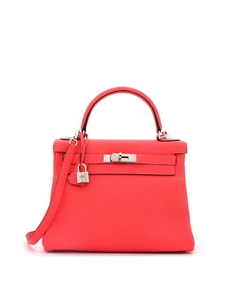 Pre-Owned Hermes Kelly 28 Handbag Red Clemence with Palladium Hardware
