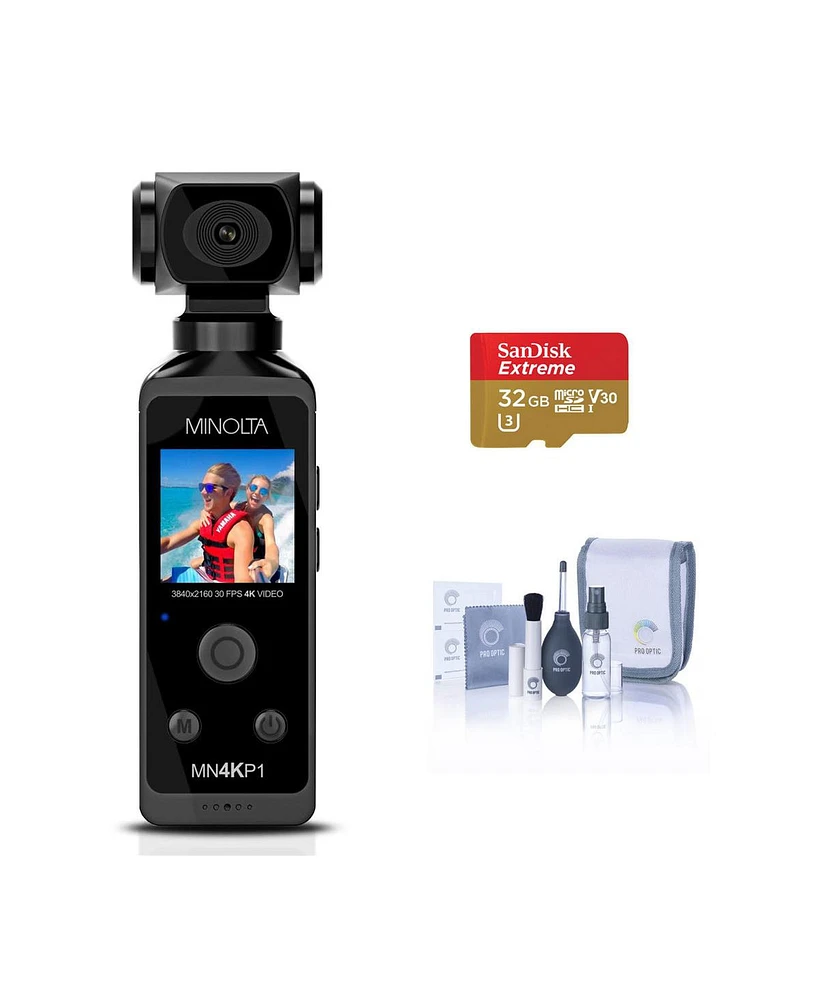 Minolta MN4KP1 4K Ultra Hd Wi-Fi Enabled Pocket Camcorder, Black Bundle with 32GB microSD Card, Cleaning Kit
