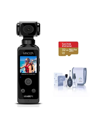 Minolta MN4KP1 4K Ultra Hd Wi-Fi Enabled Pocket Camcorder, Black Bundle with 32GB microSD Card, Cleaning Kit