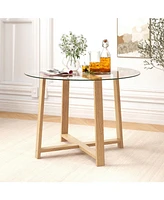 Round Glass Dining Table with Tempered Glass Tabletop and Rubber Wood Legs